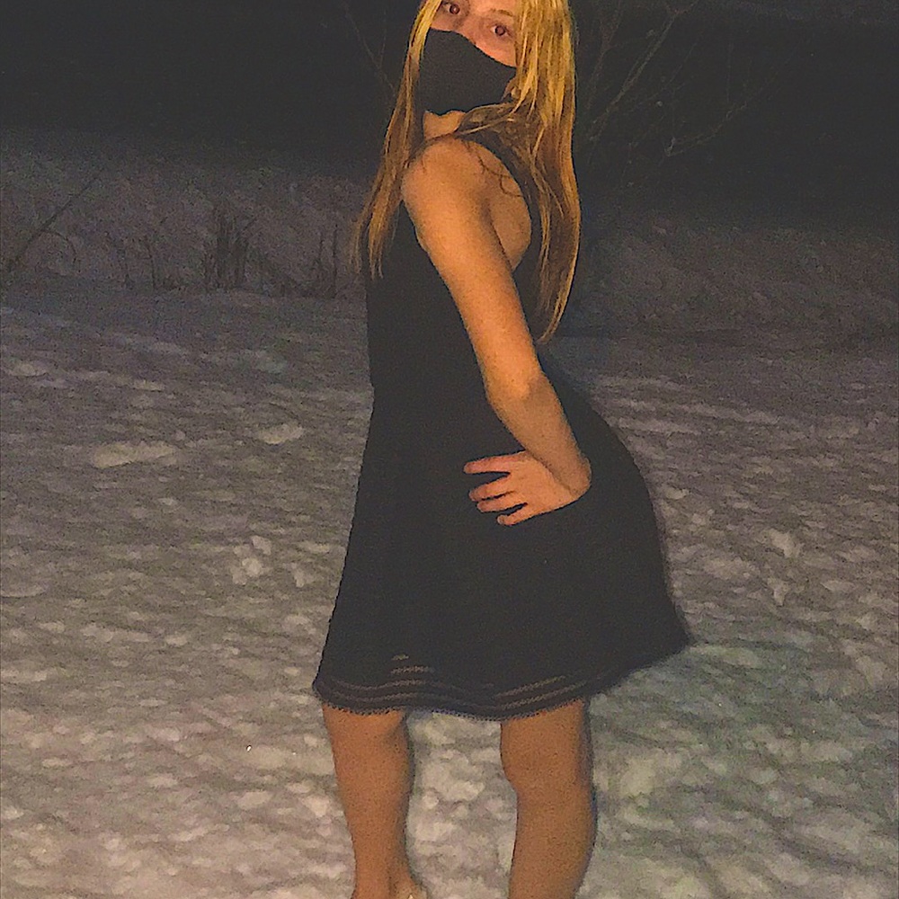 Black dress and gold sequin heels